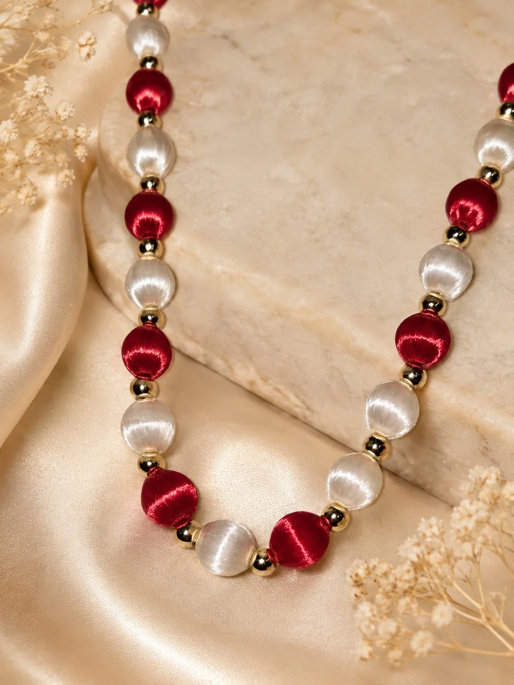 Red and Cream Satin Bead Necklace with Gold Accents